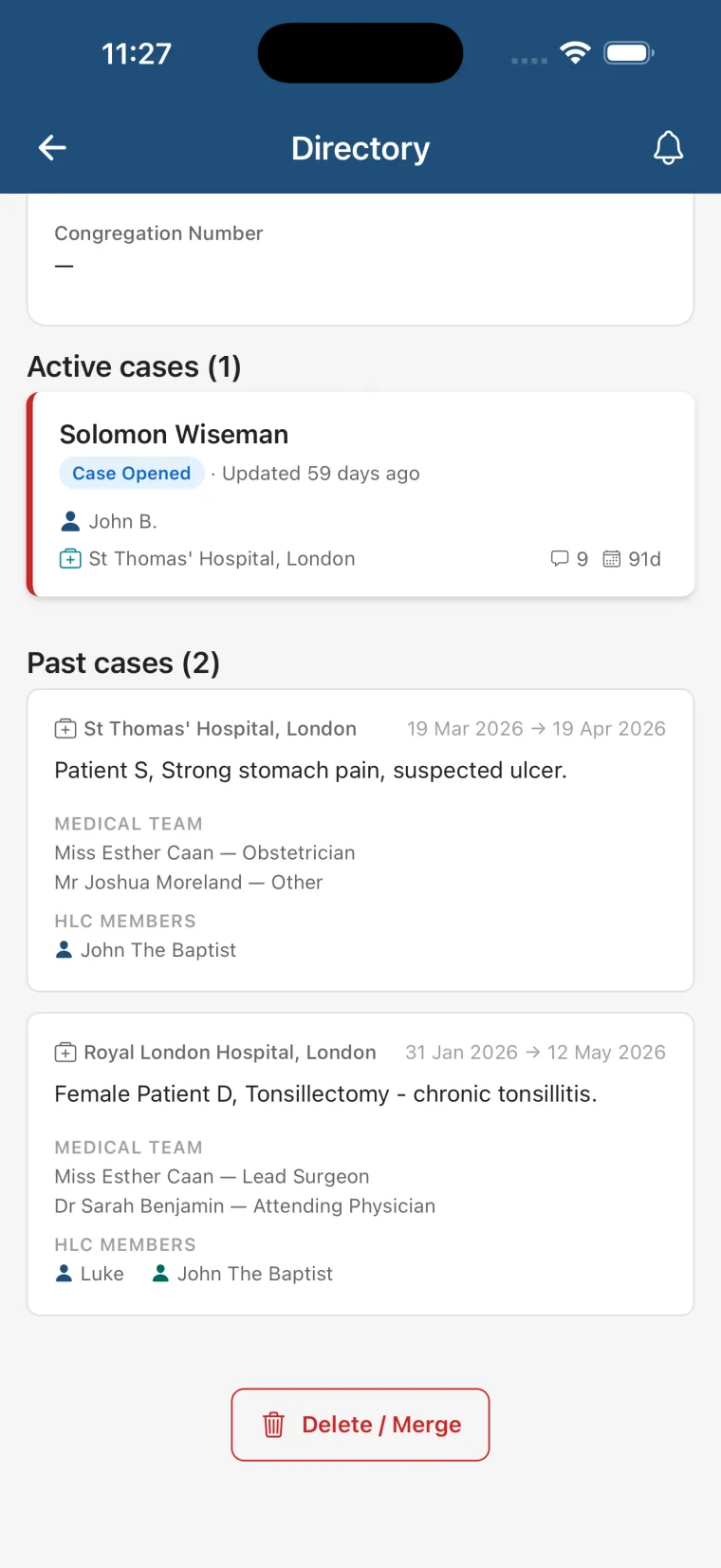 Anonymised case history per doctor.