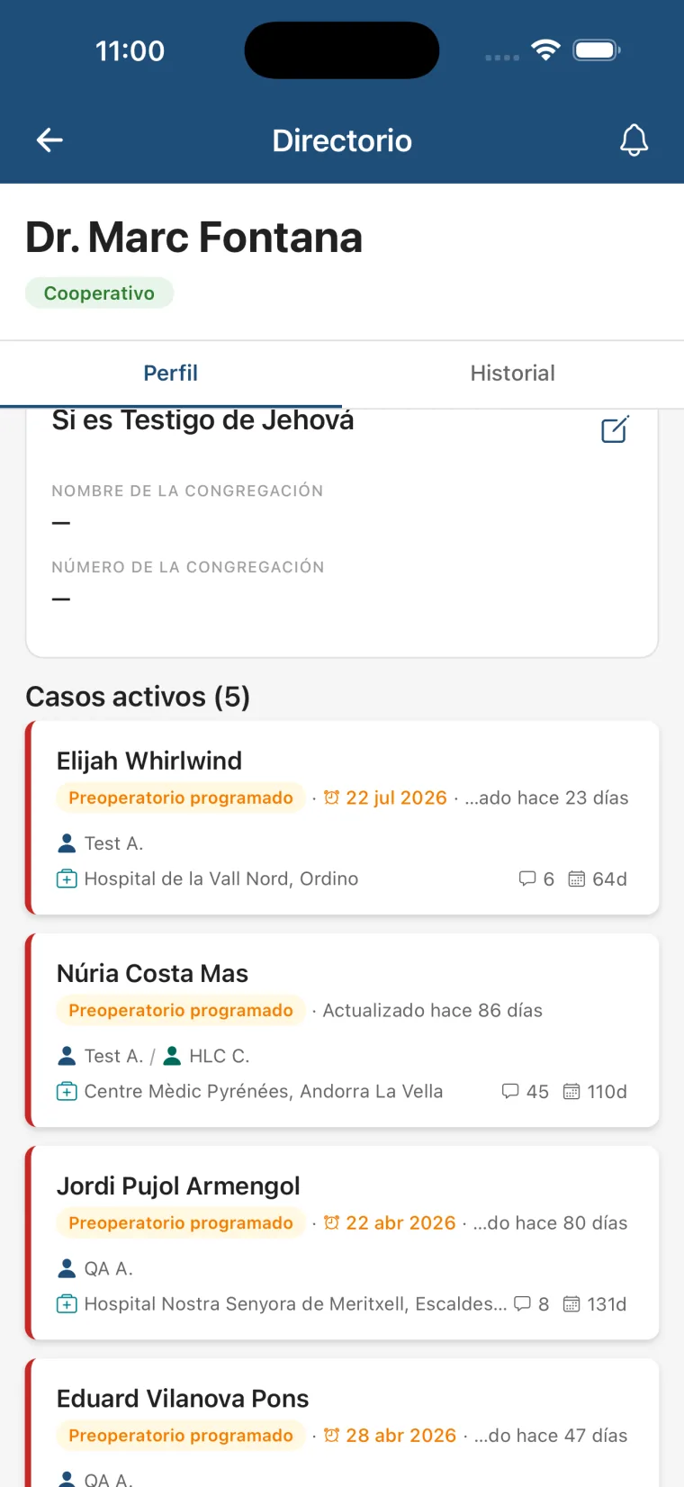 Historial de casos anonimizado por médico.