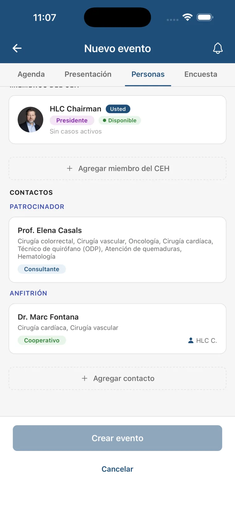 Roles por contacto — Coordinador, Patrocinador, Anfitrión, Logística.