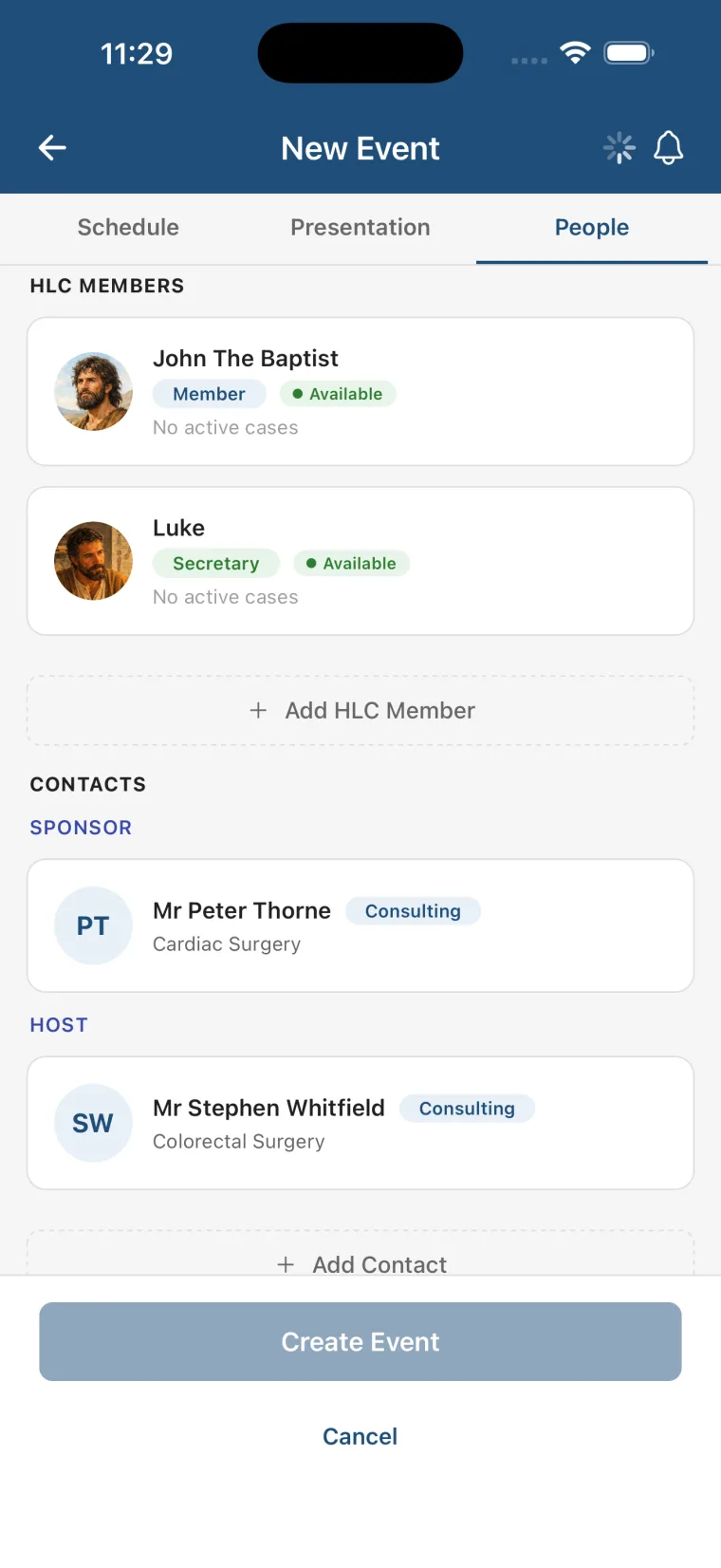 Contact roles — Coordinator, Sponsor, Host, Logistics Contact.